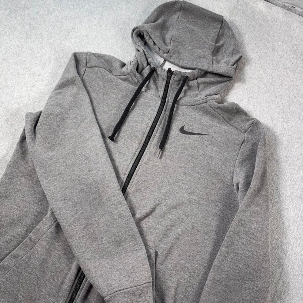 Nike Full Zip Hoodie Mens M Gray Solid Dri-FIT Embroidered Swoosh Activewear